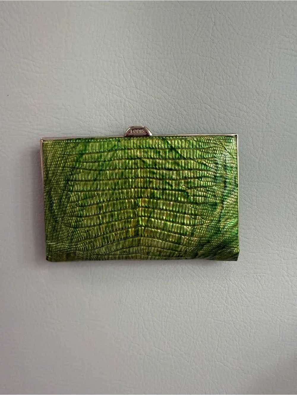 Lodis Green Metallic Crocodile Embossed Frame Clutch Mini Wallet